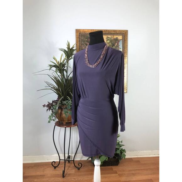 Olive Tree Bodycon Dress Women's Medium Purple Long Sleeve Ruched Stretchy - Picture 5 of 8